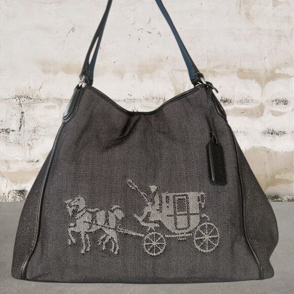 Coach Handbags - Coach Edie 31 Black & Blue Needlepoint Canvas Horse & Carriage Shoulder Bag
